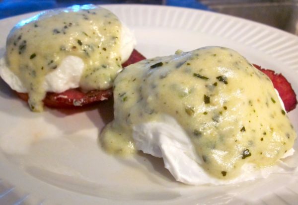 Poached Eggs with Parmesan Pesto Sauce and Turkey Bacon