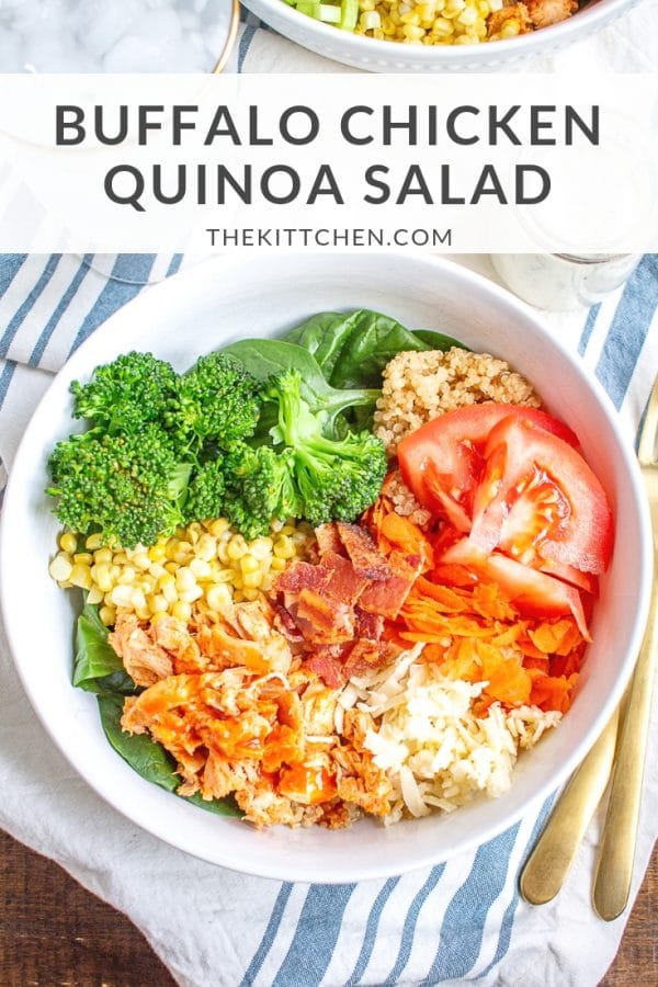 This Buffalo Chicken Quinoa Salad is made with spicy shredded buffalo chicken, shredded carrot, chopped celery, tomato, corn, broccoli, bacon, and cheese on a bed of quinoa and spinach. It's a quick, easy, and healthy weeknight meal.