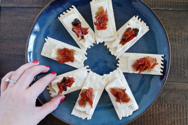 Brie, Jam, and Crispy Prosciutto on Crackers