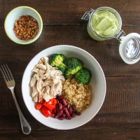 Chicken Quinoa Bowl with Avocado Dressing via The Kittchen
