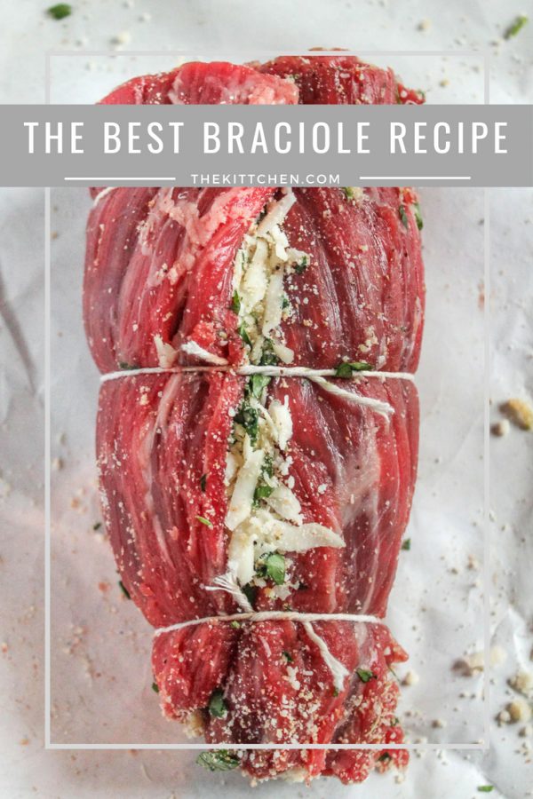 The Best Braciole Recipe | Flank Steak is topped with cheese, herbs, and breadcrumbs, seared, and then roasted in tomato sauce. Let this recipe for Braciole be your secret weapon for hosting a dinner party. #braciole #italianrecipe #dinner