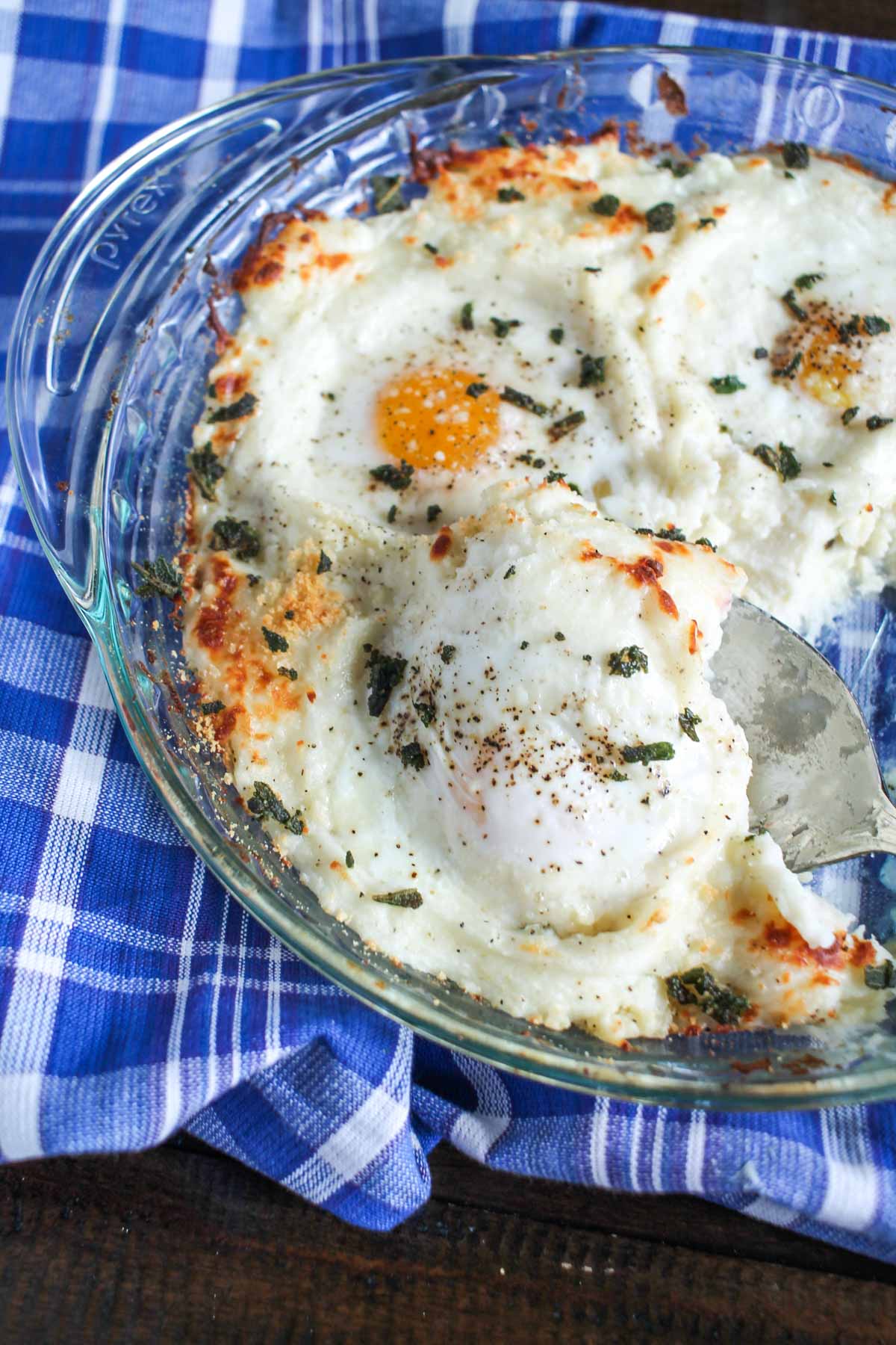 Wondering what to make with leftover mashed potatoes? These eggs baked in mashed potatoes are a perfect breakfast!