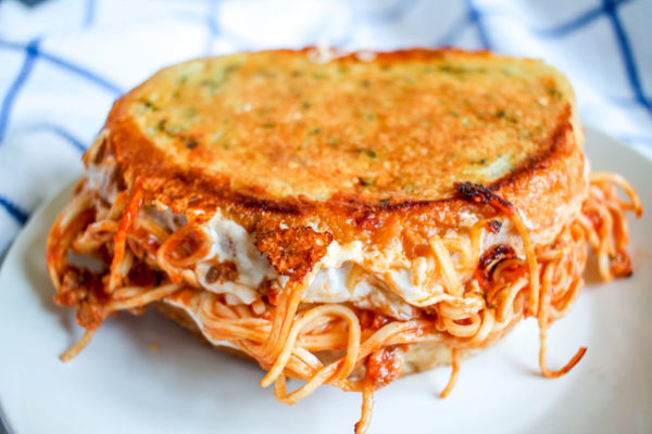 Spaghetti Grilled Cheese is the most insanely delicious way to serve leftover spaghetti!