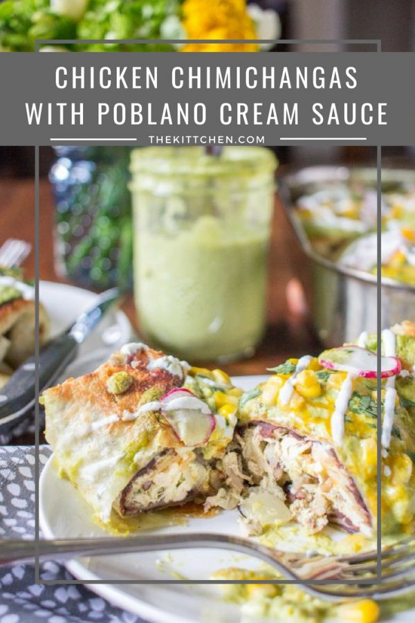Chicken Chimichangas with a Poblano Cream Sauce | Tortillas are filled with tender chicken, rice, cheese, and black beans and covered in a poblano cream sauce. This is a dinner recipe you will love. #dinner 