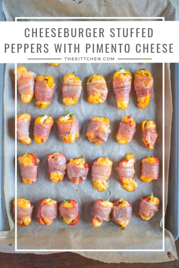 Cheeseburger Stuffed Peppers with Pimento Cheese | Cheeseburger Stuffed Peppers are the perfect easy appetizer recipe. Sweet peppers are filled with beef and pimento cheese and wrapped with prosciutto.