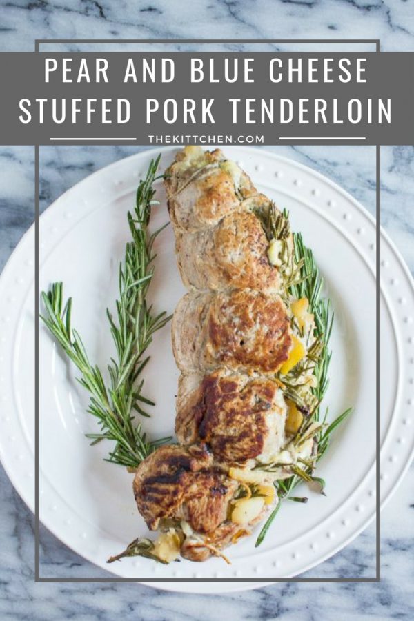 Pear and Blue Cheese Stuffed Pork Tenderloin | This Pear and Blue Cheese Stuffed Pork Tenderloin is an incredible meal that comes together quickly. Pork tenderloin is butterflied and filled with white wine poached pears, shallots, blue cheese, and rosemary.