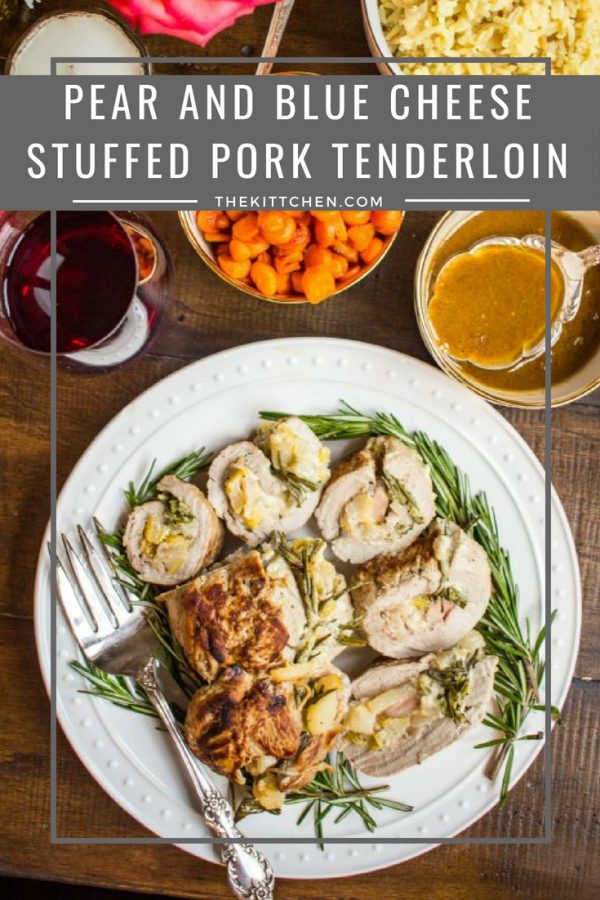 Pear and Blue Cheese Stuffed Pork Tenderloin | This Pear and Blue Cheese Stuffed Pork Tenderloin is an incredible meal that comes together quickly. Pork tenderloin is butterflied and filled with white wine poached pears, shallots, blue cheese, and rosemary.