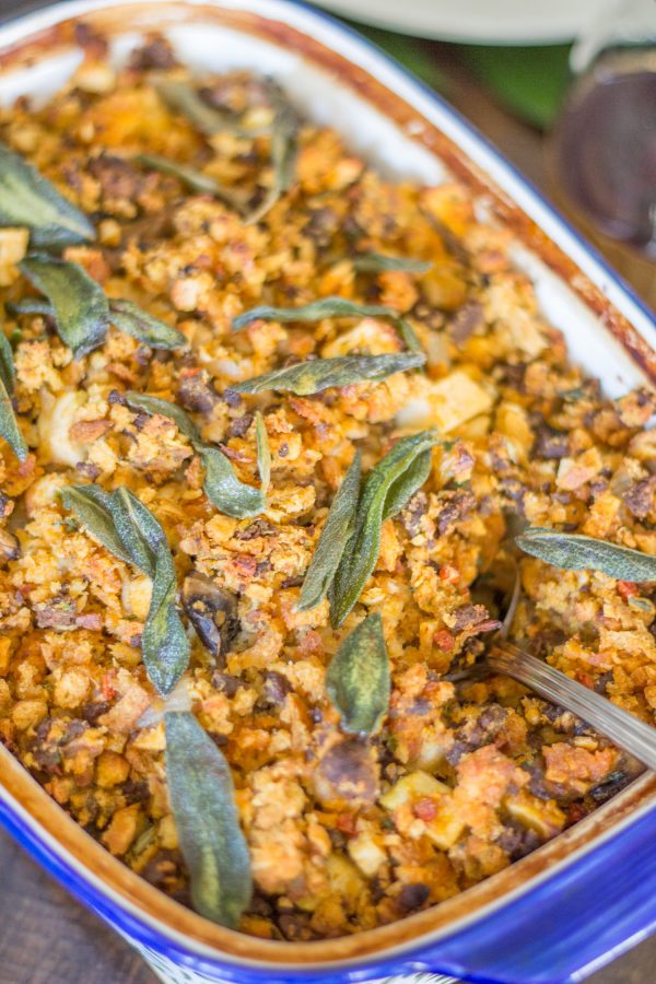 The VERY BEST Thanksgiving Stuffing recipe: Chorizo Stuffing with apples and fried sage!