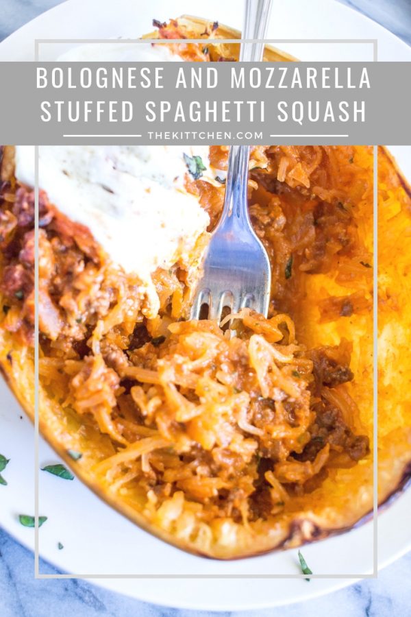 Bolognese and Mozzarella Stuffed Spaghetti Squash - a delicious dinner recipe that your family will love!