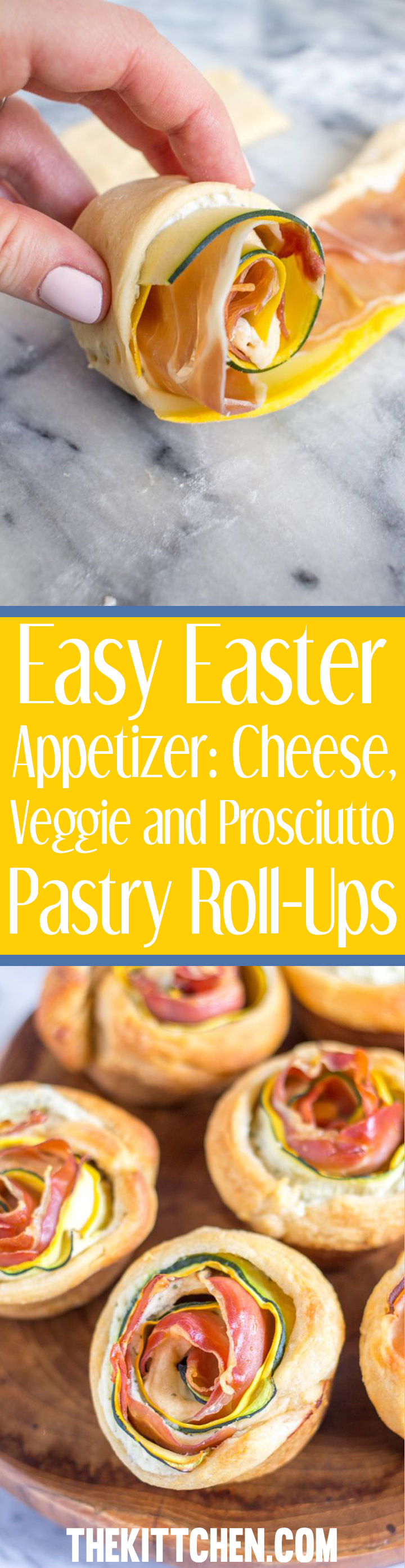 This Cheese, Veggie, and Prosciutto Pastry Roll Ups recipe is an easy Easter appetizer takes just minutes to prepare, and it is a beautiful addition to a brunch. Crescent roll dough is sliced into strips, layered with creamy cheese, shaved zucchini and yellow squash, and prosciutto before being rolled up and baked.