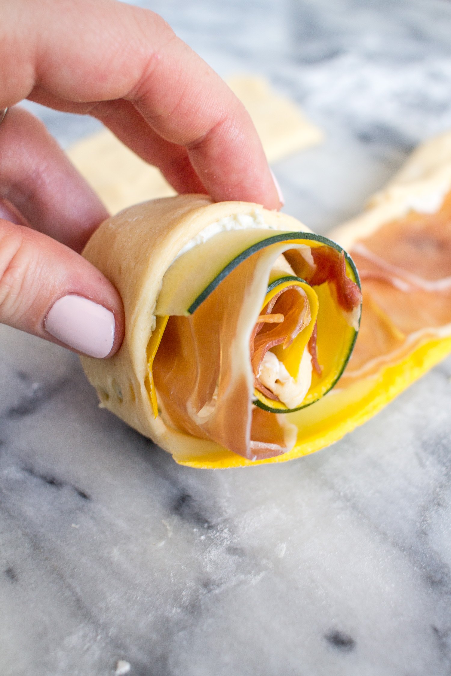 Easy Easter Appetizer Cheese, Veggie, and Prosciutto Pastry Roll Ups