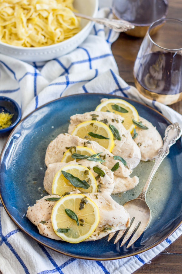 Lemon Sage Chicken is a no-fuss 15-minute recipe for chicken poached in a delicious lemon, sage, and white wine sauce. It is the type of thing that I whip up when I don’t know what to cook for dinner.