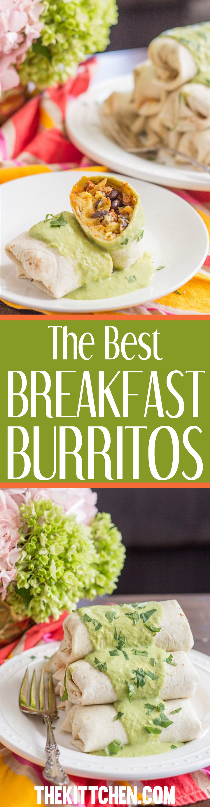These are the best breakfast burritos that I have ever had, and I love breakfast burritos. I added all of my favorite breakfast foods: crumbled chorizo with sautéed onions, hash browns, black beans, scrambled eggs, and cheese. Then I poured homemade poblano cream sauce on top and added a sprinkle of chopped cilantro. What more could you want on a Saturday morning?