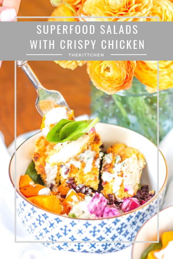 Crispy Chicken and Superfood Salads | These superfood salad bowls are a delicious way to eat your veggies. Spinach is topped with beets, butternuts squash, goat cheese, black rice, and crispy chicken - then drizzled with ranch dressing. #healthyrecipes #salad