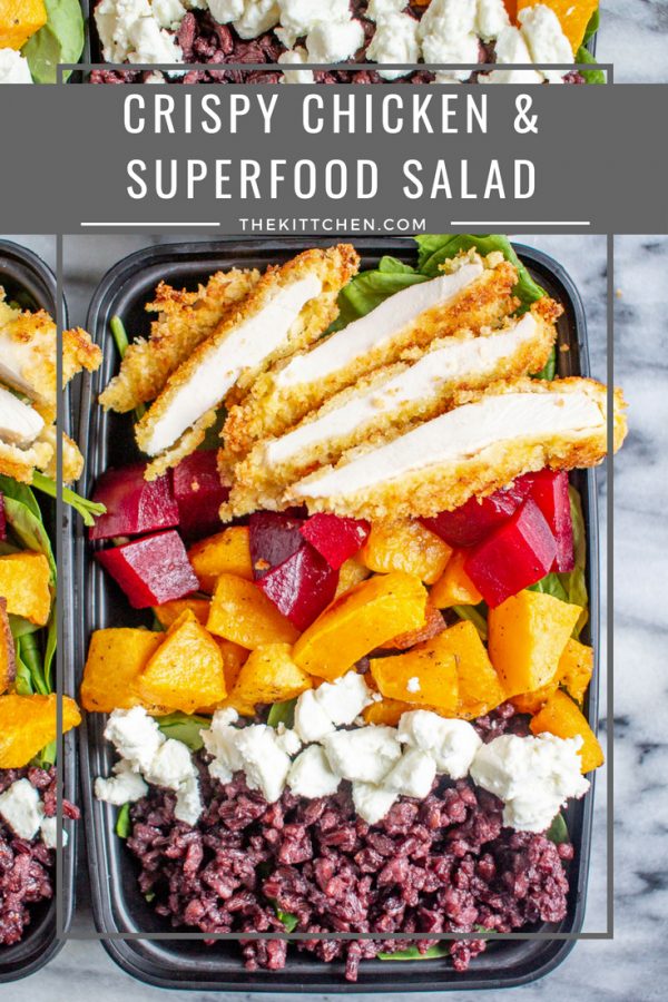 Crispy Chicken and Superfood Salads | These superfood salad bowls are a delicious way to eat your veggies. Spinach is topped with beets, butternuts squash, goat cheese, black rice, and crispy chicken - then drizzled with ranch dressing.