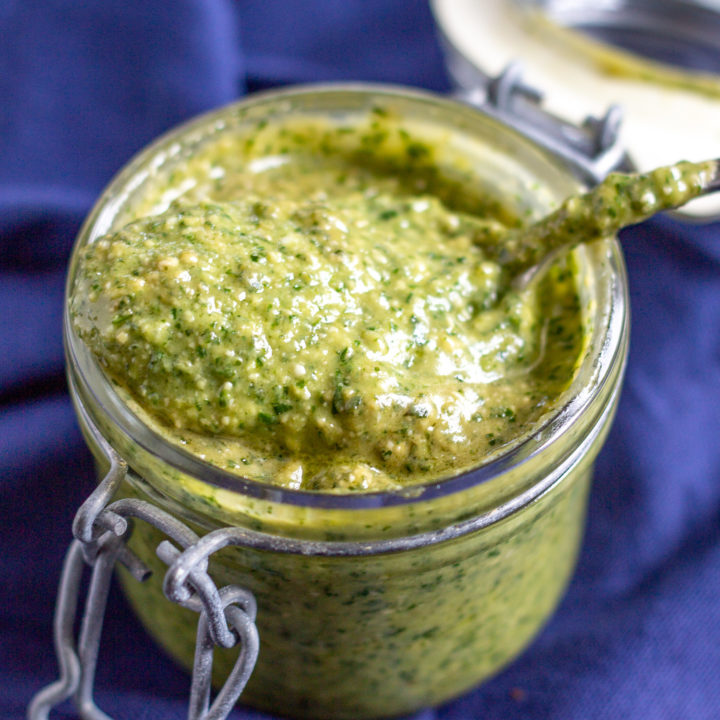 Easy Avocado Pesto - a light refreshing pesto made with avocado, lemon juice, basil, garlic, cheese, and pine nuts.