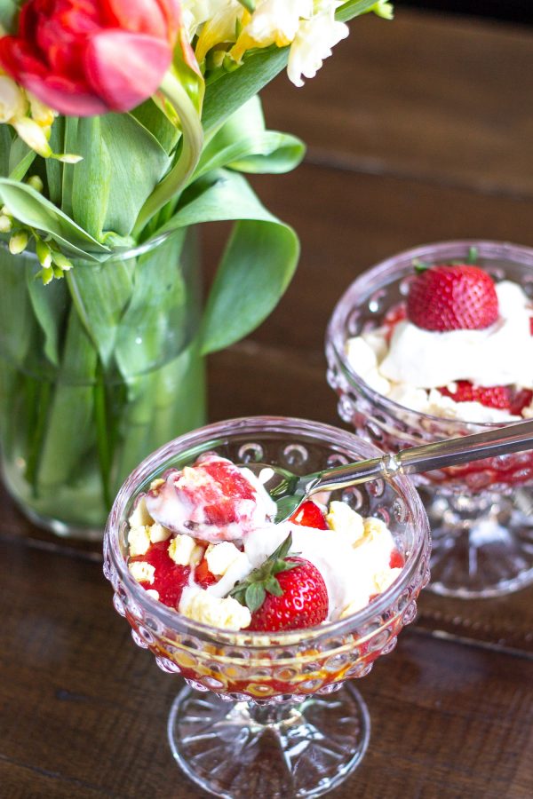 Eton Mess | Eton Mess is a traditional British dessert made with crumbled up meringues, whipped cream, strawberry sauce, and fresh strawberries. Eton Mess is a perfect light dessert to serve during the summer. It comes together so easily, it tastes light as air, and you don’t need to turn your oven on if you use store-bought meringues.