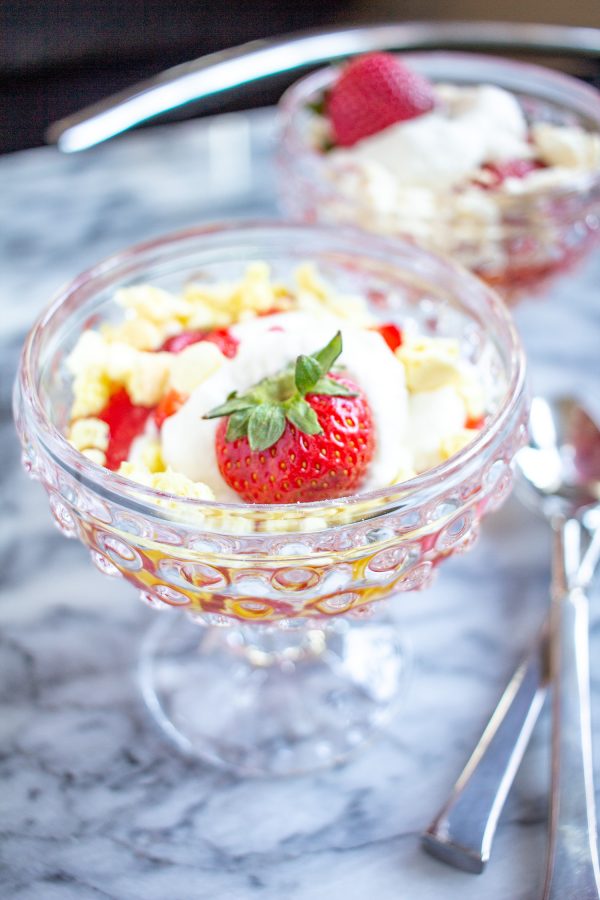 Eton Mess | Eton Mess is a traditional British dessert made with crumbled up meringues, whipped cream, strawberry sauce, and fresh strawberries. Eton Mess is a perfect light dessert to serve during the summer. It comes together so easily, it tastes light as air, and you don’t need to turn your oven on if you use store-bought meringues.