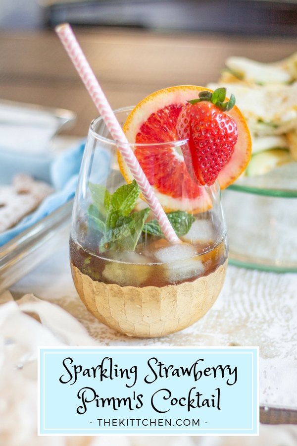 This Sparkling Strawberry Pimm's Cocktail is a fun fruity effervescent cocktail that is really easy to make. It is just the thing to sip as you say "Cheers" and watch Meghan Markle and Prince Harry get married. It's a festive cocktail with a British twist!