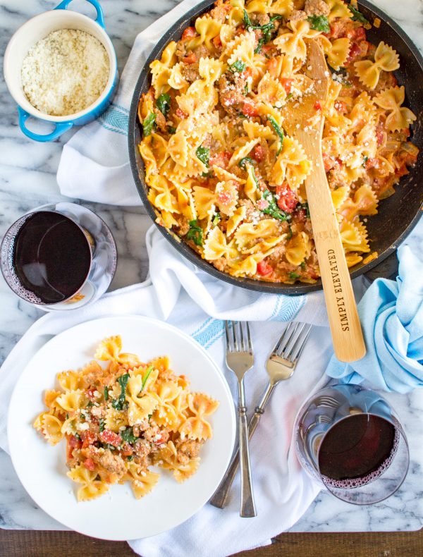 Sweet and Spicy Sausage and Farfalle is a recipe that I grew up eating, and fell in love with again as an adult. It is one of the easiest recipes you can ask for, and the speedy preparation time makes it a perfect weeknight dinner option.