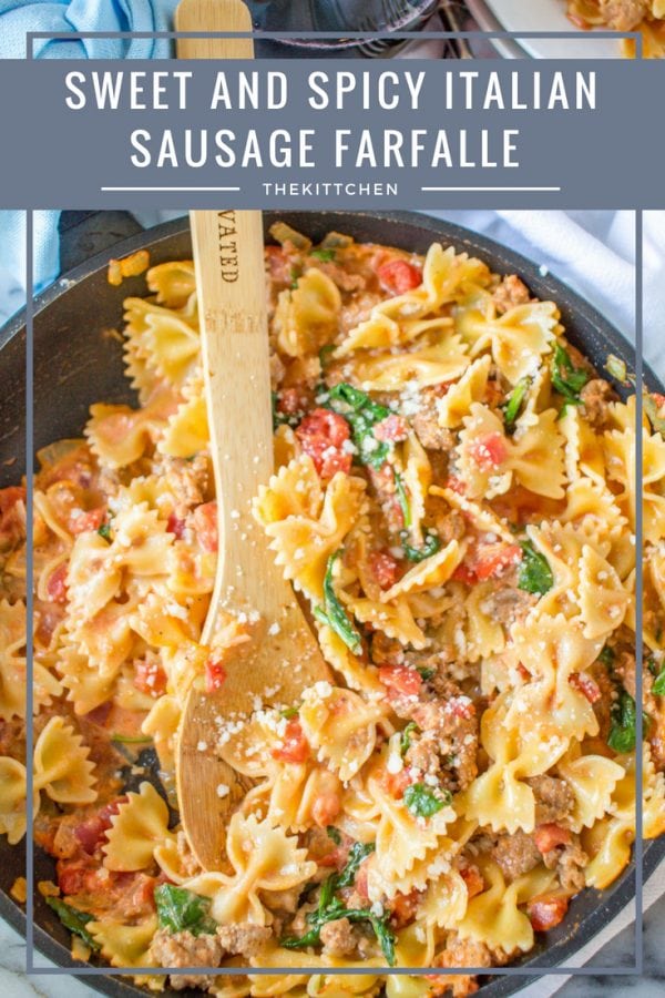 Sweet and Spicy Sausage and Farfalle is a 20 minute dinner recipe. The speedy preparation time makes it a perfect weeknight dinner option.