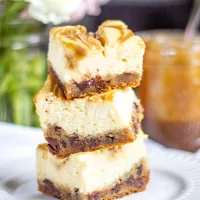 Caramel Cheesecake Bars with a Chocolate Chip Cookie Crust
