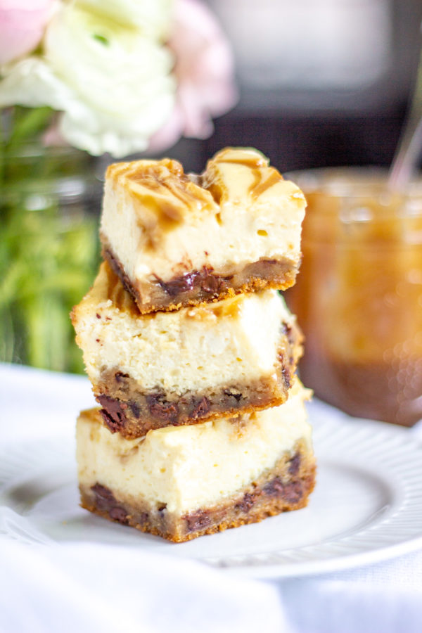 Caramel Cheesecake Bars with a Chocolate Chip Cookie Crust