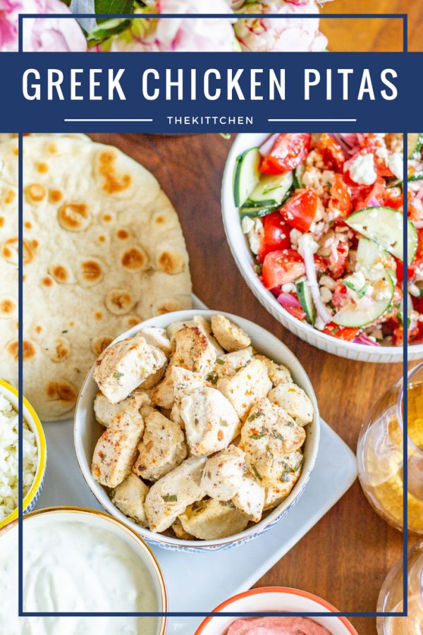 Greek Chicken Pita Recipe | Greek Chicken Pitas made with chicken marinated in yogurt, lemon, and spices and served in pita bread with tzatziki and veggies.