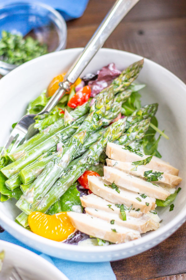 This easy to prepare Asparagus Salad is bursting with fresh flavors. Cooked asparagus, grape tomatoes, mandarin oranges, and red onion are placed on top of mixed greens and then drizzled with a light lemon tarragon yogurt dressing. Serve it as a side dish, or add chicken or salmon to turn it into a complete meal.