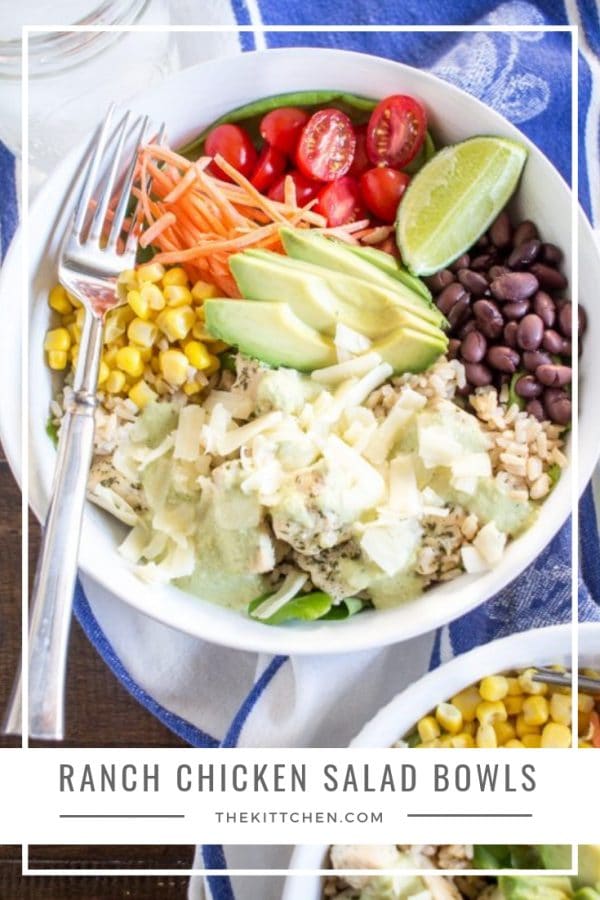Ranch Chicken Salad Bowl - This meal is loaded with fresh veggies and protein. Chicken is seasoned with ranch dressing mix cooked, and then served with lettuce, rice, black beans, corn, tomatoes, carrots, avocado and cheddar cheese with a poblano cream sauce and fresh lime!