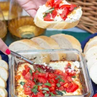 This easy Baked Goat Cheese brings together the summer flavors of fresh tomatoes, basil, and lemon for a lighter take on a classic appetizer. This simple is the perfect thing to serve at a party.