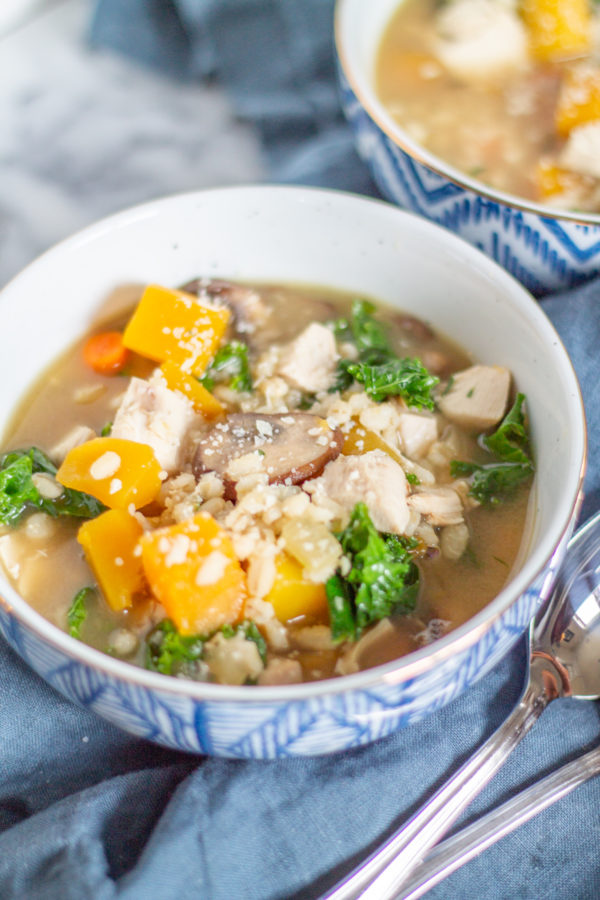 Butternut Squash and Barley Chicken Soup | My recipe for Chicken Soup with Butternut Squash, Barley, and Kale brings together fall flavors in a healthy and hearty soup that your family is sure to love.