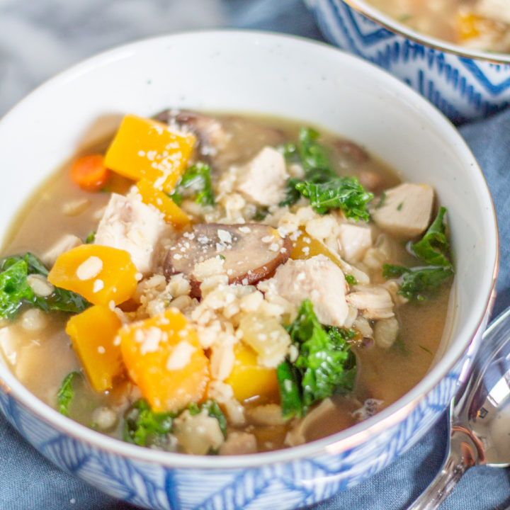 Chicken Soup with Butternut Squash, Barley, and Kale
