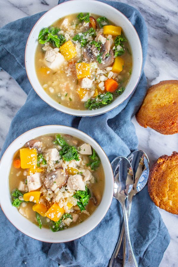 Butternut Squash and Barley Chicken Soup | My recipe for Chicken Soup with Butternut Squash, Barley, and Kale brings together fall flavors in a healthy and hearty soup that your family is sure to love.