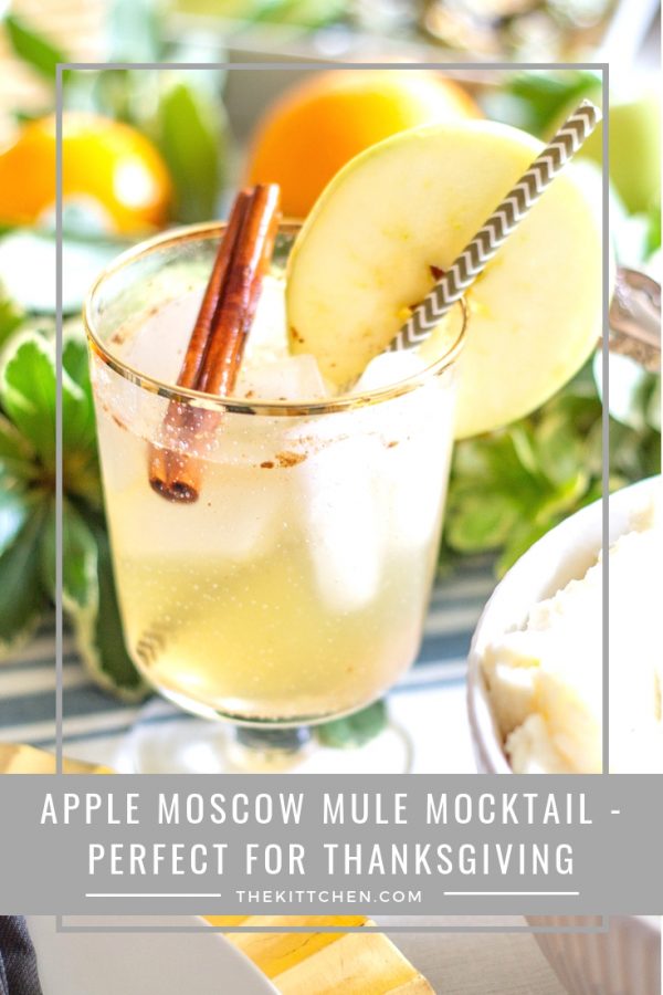 Apple Moscow Mule Mocktail | This mocktail is a drink to serve at Thanksgiving or any fall get together. You can serve it as a mocktail, or you can easily turn it into a cocktail by adding some vodka. 