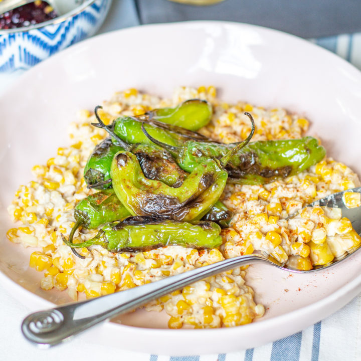 Creamy Parmesan Lime Corn with Shishito Peppers