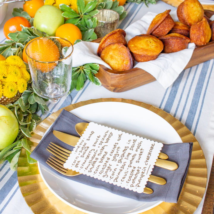 Fresh Fruit Table Setting for Thanksgiving | Learn how to combine greens with fresh fruit to create a festive Thanksgiving tablescape!