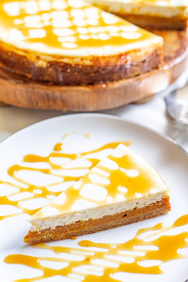 Reduced Fat Pumpkin Cheesecake | This cheesecake is has a layers of pumpkin filling and a fresh creamy yogurt cheesecake. It's a lighter healthier dessert to serve your family this #Thanksgiving.