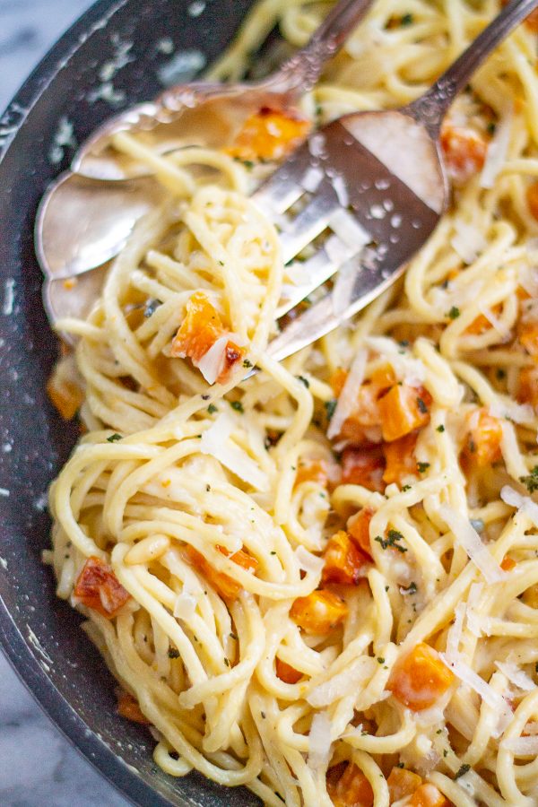 This fall pasta is an ode to fall flavors and one of my favorite flavor combinations: goat cheese, sage, and butternut squash. It's quick enough to be a weeknight meal, and it works as a main dish or a side.
