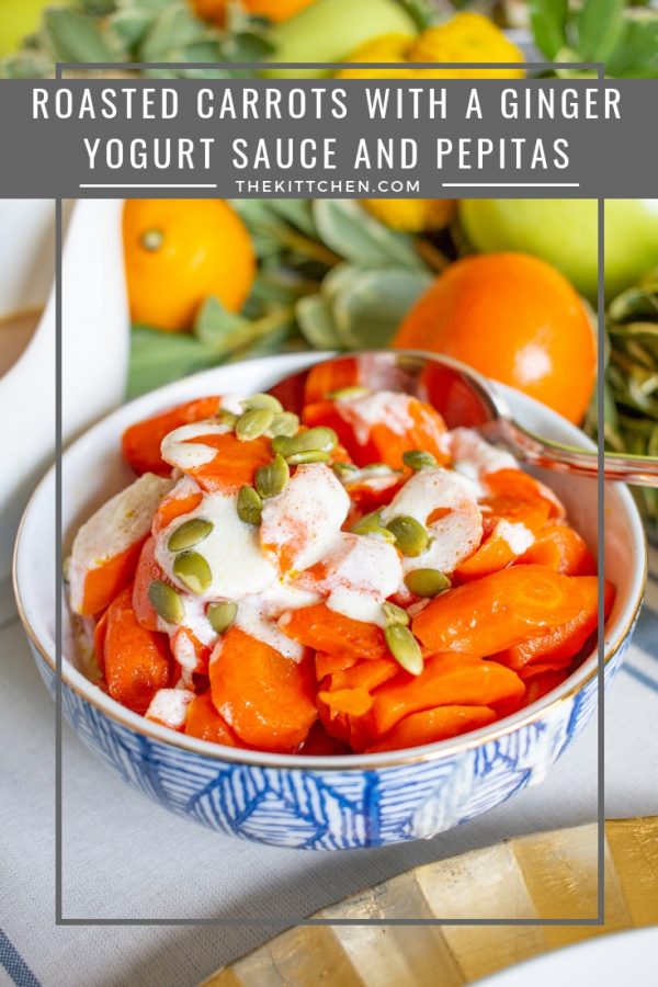Roasted Carrots with a Ginger Yogurt Sauce and Pepitas | This simple recipe for Roasted Carrots with a Ginger Yogurt Sauce and Pepitas turns carrots into a show stopping side dish. Serve this for #Thanksgiving or along with a weeknight meal. Your family will love the sweet and spicy flavors of this vegetable recipe.
