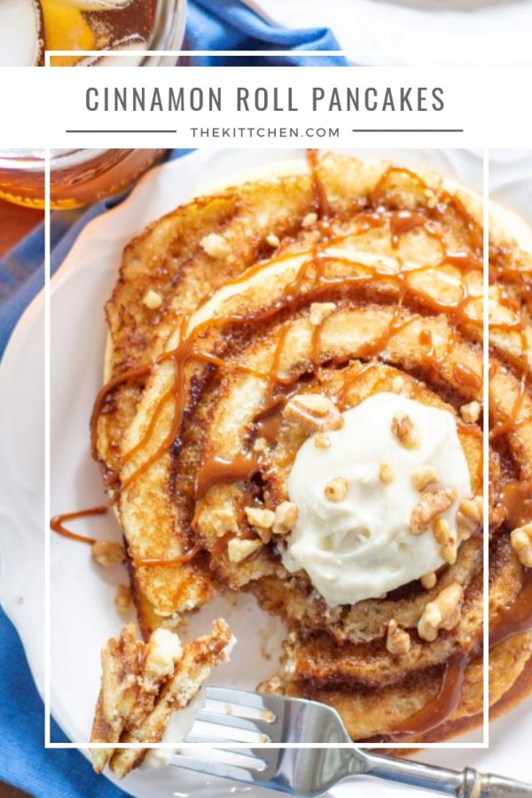 Cinnamon Roll Pancakes | These decadent Cinnamon Roll Pancakes are made with vanilla cake batter swirled with cinnamon sugar, and topped with toffee sauce and cream cheese frosting. They are an over-the-top treat to serve for a birthday or special occasion. #breakfast #brunch