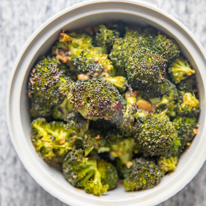 Miso Garlic Roasted Broccoli | The rich umami flavor of miso adds so much to simple roasted broccoli. Miso Garlic Roasted Broccoli has a balance of buttery, salty, and garlic flavors.