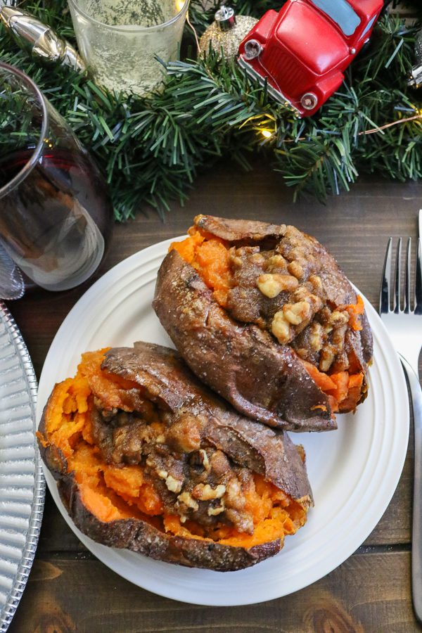 Twice Baked Sweet Potatoes are mashed with butter, maple syrup, and sea salt, and then topped with a butter, pecan, and brown sugar topping. It’s the ultimate combination of sweet, salty, and nutty flavors. 