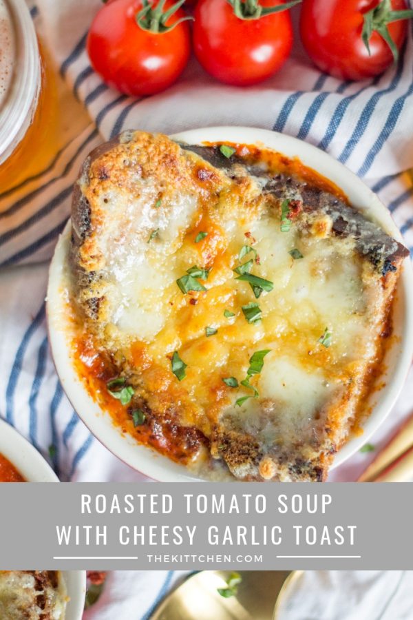 Tomato Soup with Cheesy Toast | This recipe is a new way to serve a classic meal. Tomato soup and grilled cheese belong together. Instead of serving a sandwich with my tomato soup, I served my tomato soup with cheesy toast on top. #soup