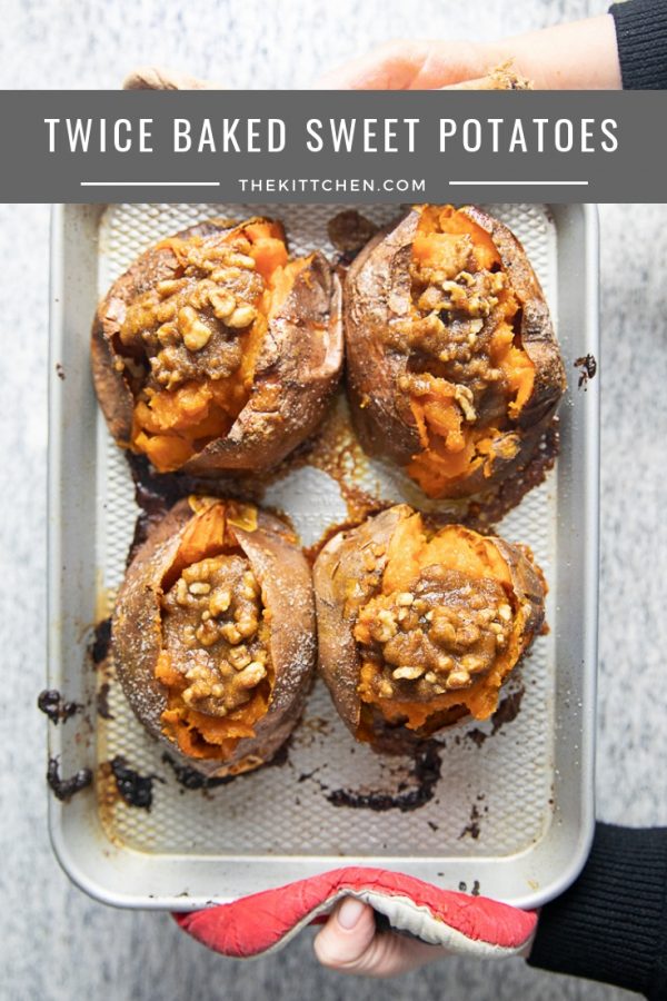 Twice Baked Sweet Potatoes are mashed with butter, maple syrup, and sea salt, and then topped with a butter, pecan, and brown sugar topping. It’s the ultimate combination of sweet, salty, and nutty flavors.