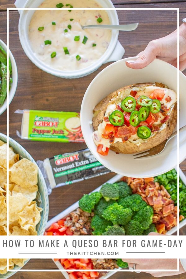 How to Make Queso | Your friends and family will love this easy game-day queso recipe and queso bar ideas! Warm melted queso made with @cabotcheese is delicious over chips, baked potatoes, tacos, and hot dogs. This recipe is a great addition to any party!