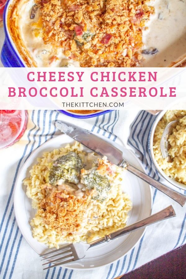 Cheesy Chicken Broccoli Casserole is made with tender chicken breasts, mushrooms, and broccoli with a creamy sauce topped with ritz cracker crumbs, cheddar cheese, and bacon. It is no-fuss easy to make dinner that takes just 20 minutes of active preparation time.