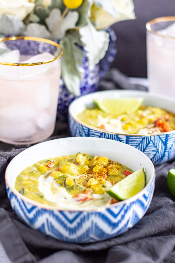 Roasted Poblano Corn Chowder is a creamy soup filled with smoky fire roasted poblano peppers, fresh corn, tender diced potatoes, and crisp bell pepper.