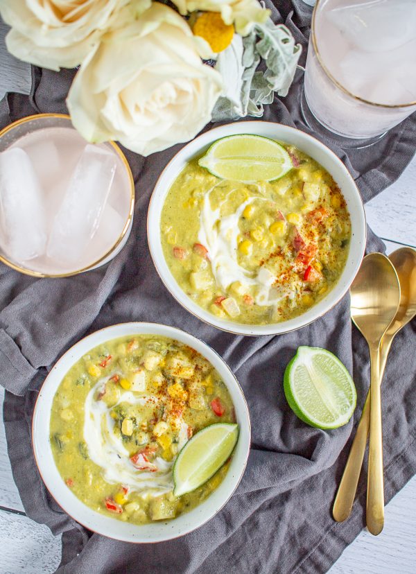 Roasted Poblano Corn Chowder is a creamy soup filled with smoky fire roasted poblano peppers, fresh corn, tender diced potatoes, and crisp bell pepper.