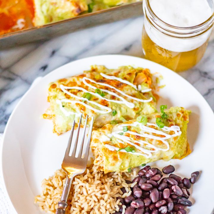 Buffalo Chicken Enchiladas is an easy Tex-Mex dinner recipe that has just the right amount of spice. These enchiladas are filled with creamy spicy buffalo chicken and topped with a poblano cream sauce. #enchiladas #buffalochicken